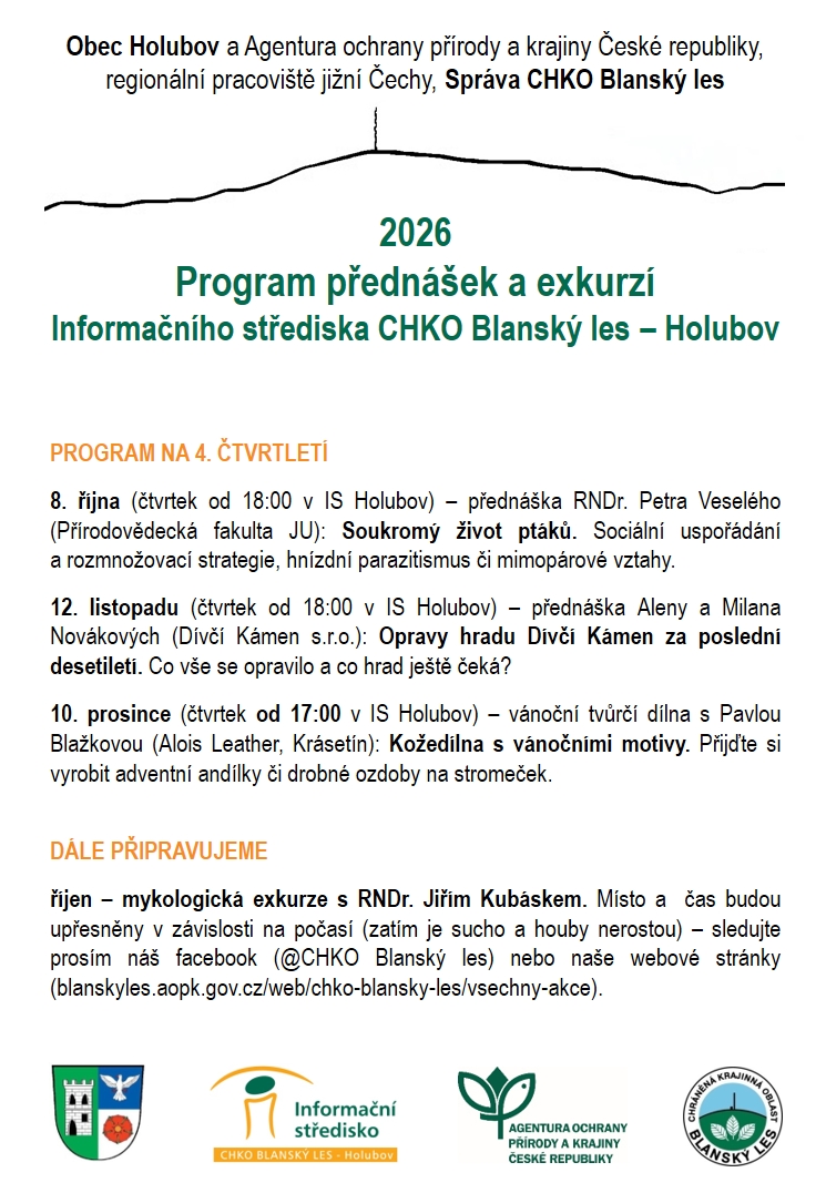 Program Informačního střediska CHKO Blanský les – Holubov na podzim 2026.