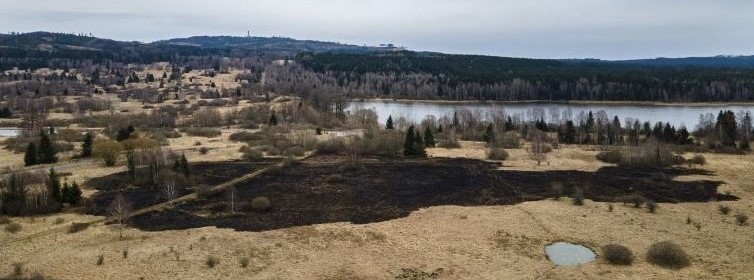 Dronový záběr na spálenou plochu na bezlesí u Dolejšího Padrťského rybníka. 
